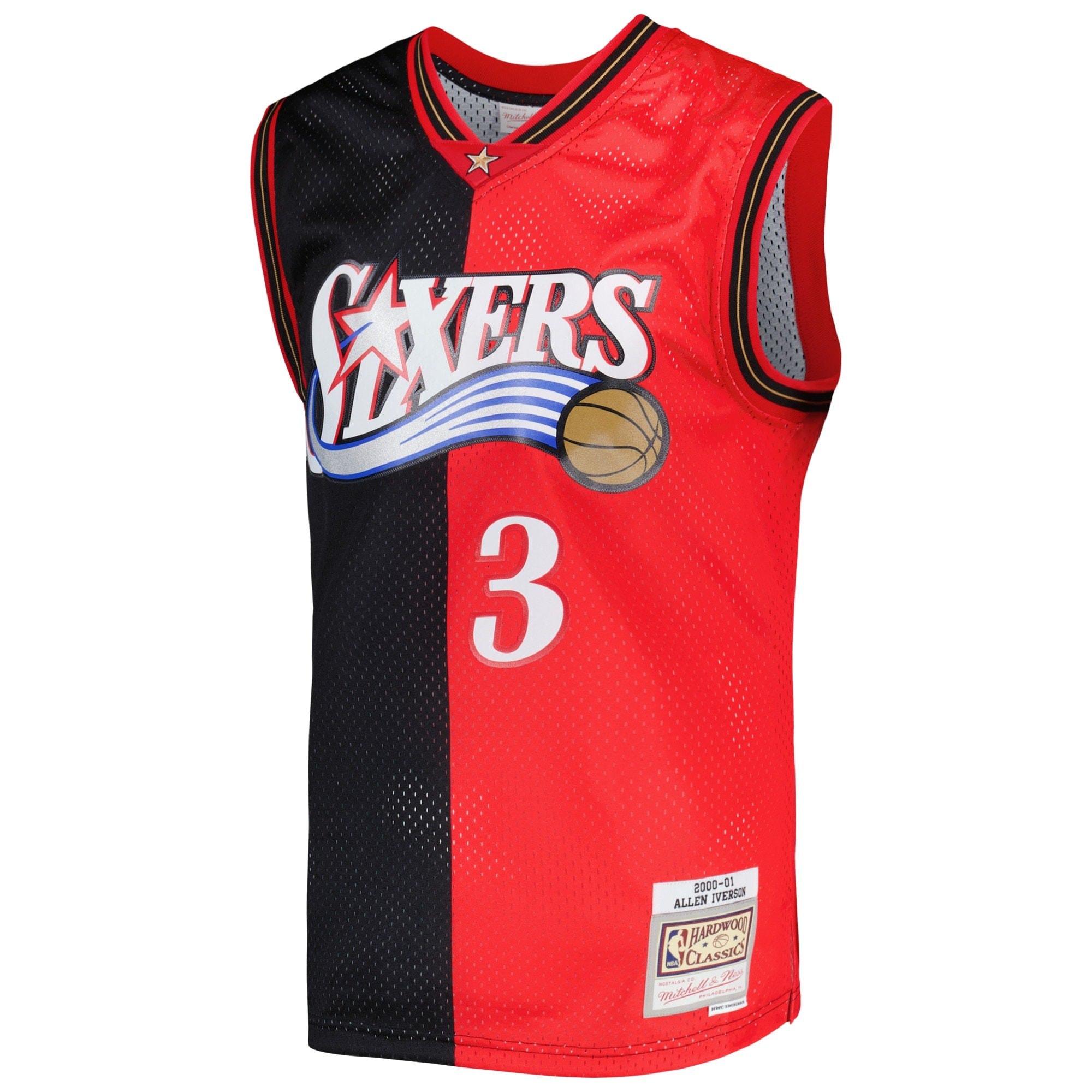 Men's Mitchell & Ness Allen Iverson Black/Red Philadelphia 76ers Hardwood Classics 2000/01 Split Swingman Jersey