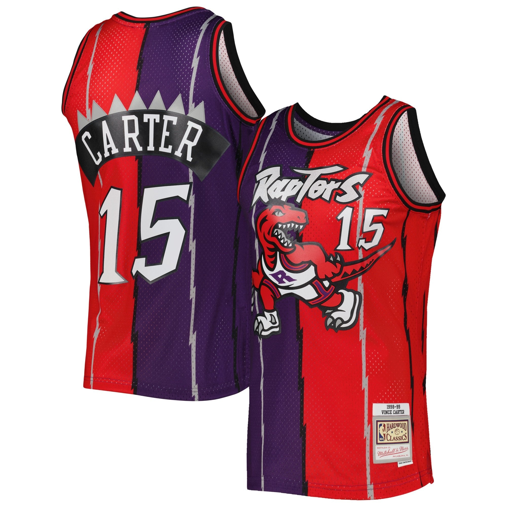 Men's Mitchell & Ness Vince Carter Purple/Red Toronto Raptors 1998/99 Hardwood Classics Split Swingman Jersey