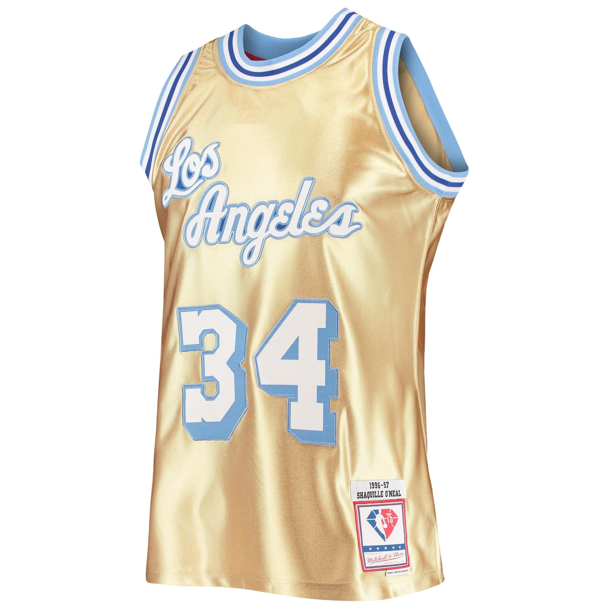 Men's Mitchell & Ness Shaquille O'Neal Gold Los Angeles Lakers 75th Anniversary 1996/97 Hardwood Classics Swingman Jersey