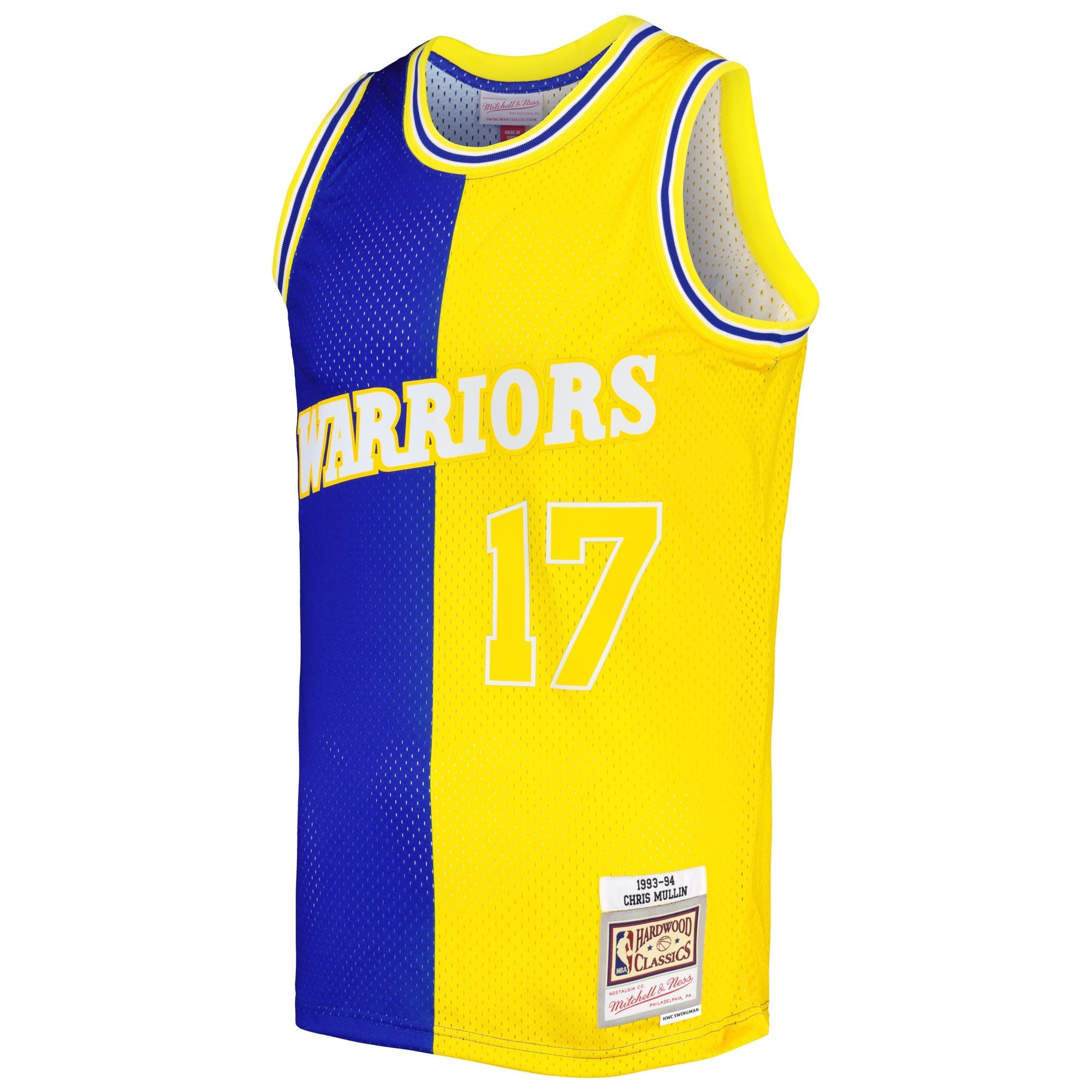 Men's Mitchell & Ness Chris Mullin Royal Gold Golden State Warriors 1993/94 Hardwood Classics Split Swingman Jersey