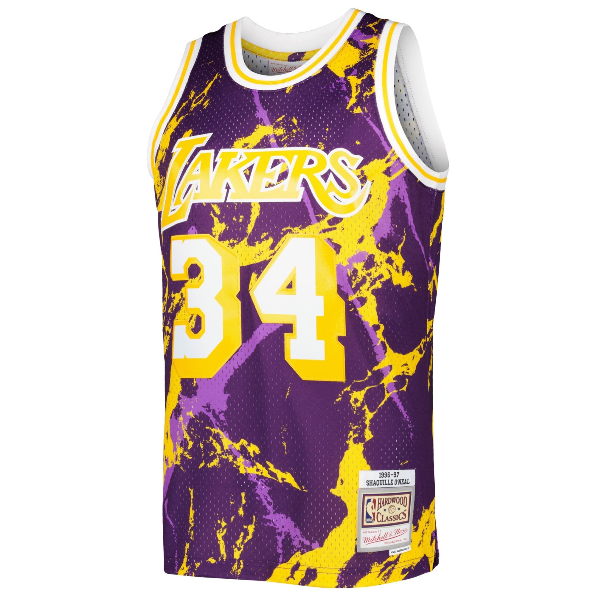 Men's Mitchell & Ness Shaquille O'Neal Purple Los Angeles Lakers 1996/97 Hardwood Classics Marble Swingman Jersey