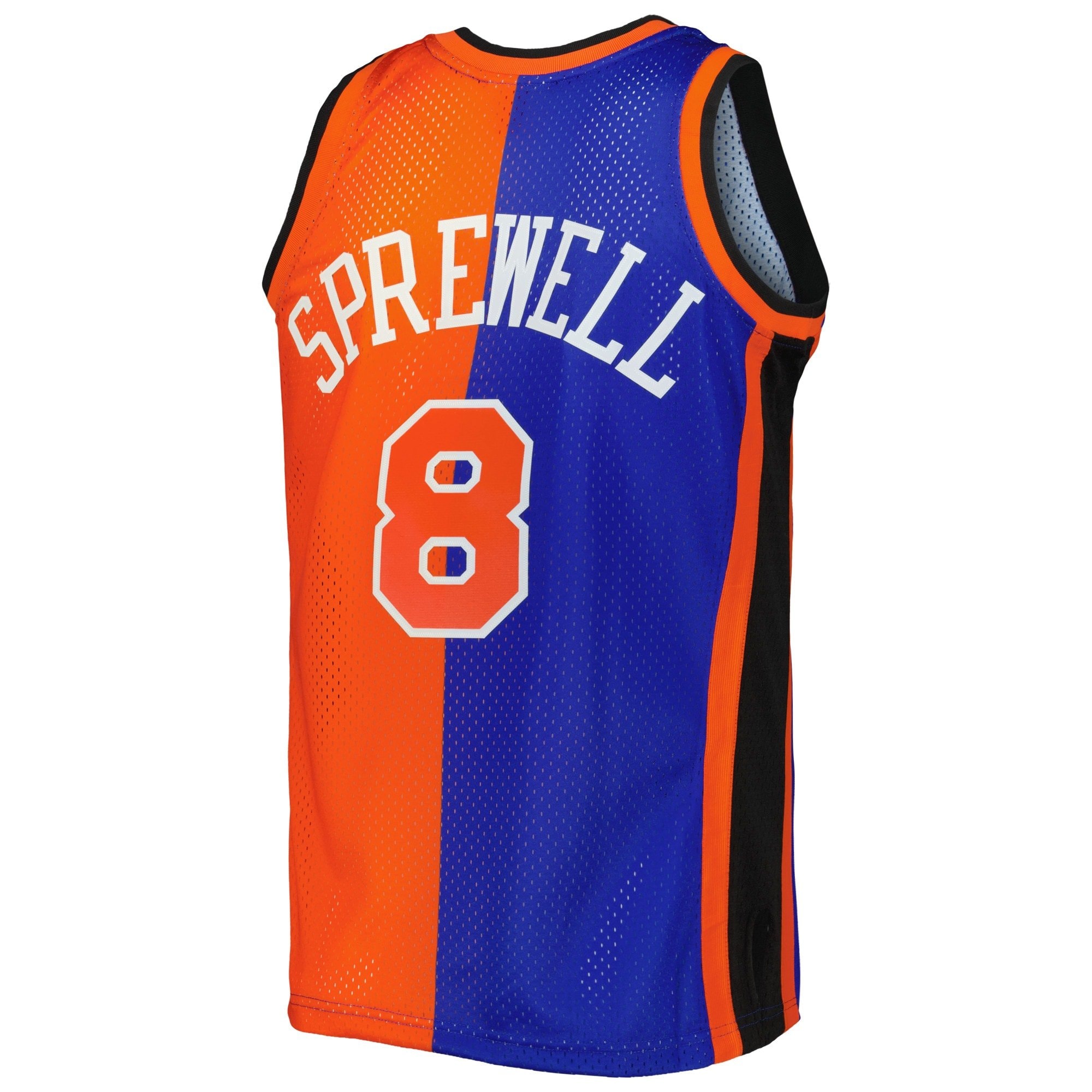Men's Mitchell & Ness Latrell Sprewell Blue/Orange New York Knicks 1998/99 Hardwood Classics Split Swingman Jersey