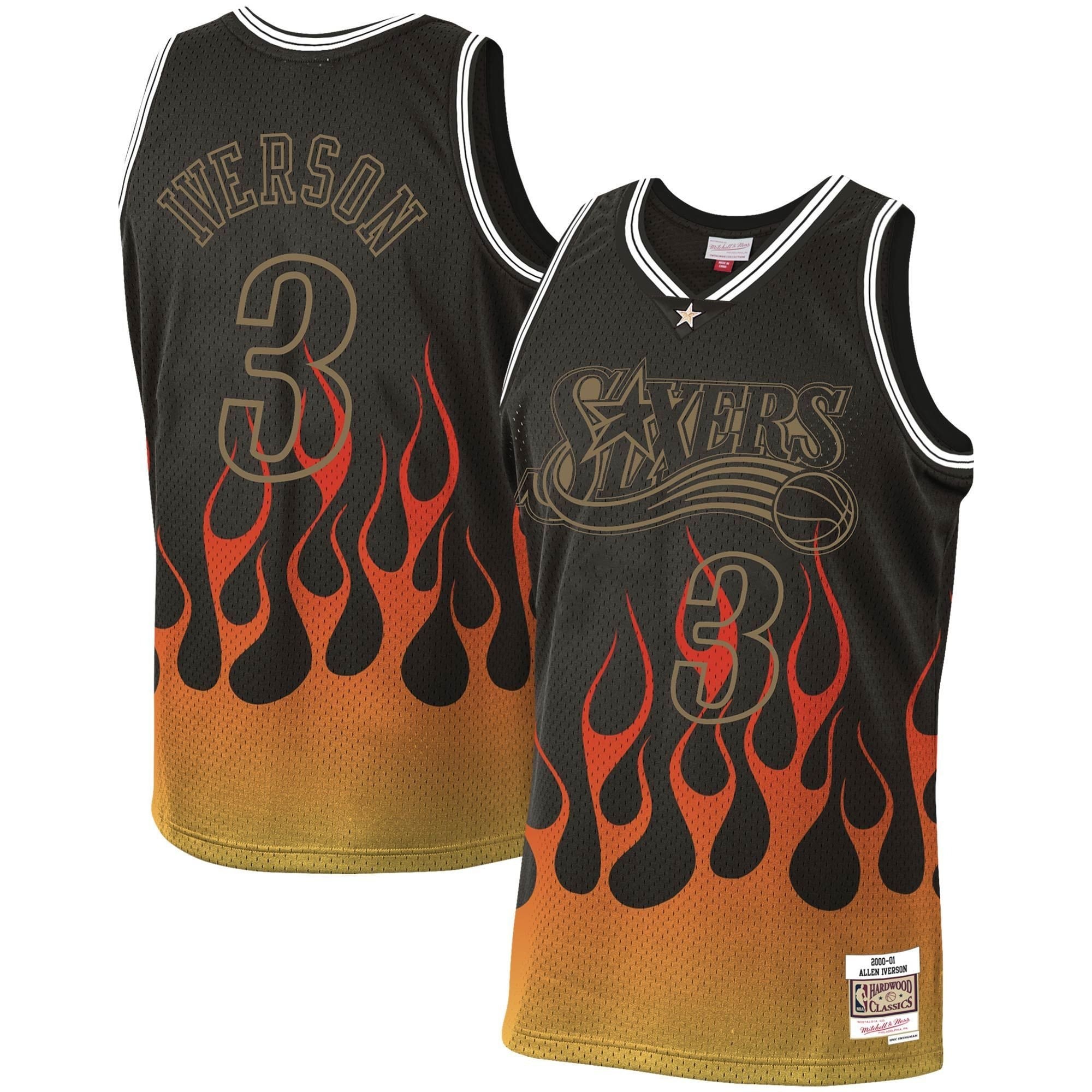 Allen Iverson Philadelphia 76ers Mitchell & Ness 2000-01 Hardwood Classics Flames Swingman Jersey - Black