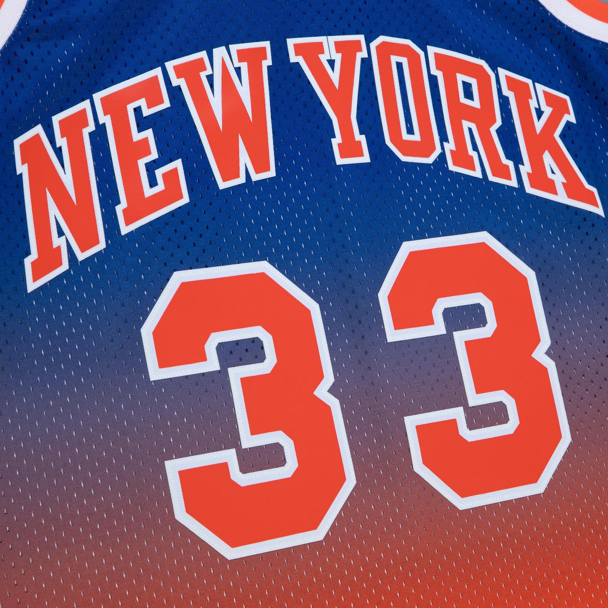 Men's Mitchell & Ness Patrick Ewing Orange Royal New York Knicks 1991/92 Hardwood Classics Fadeaway Swingman Jersey