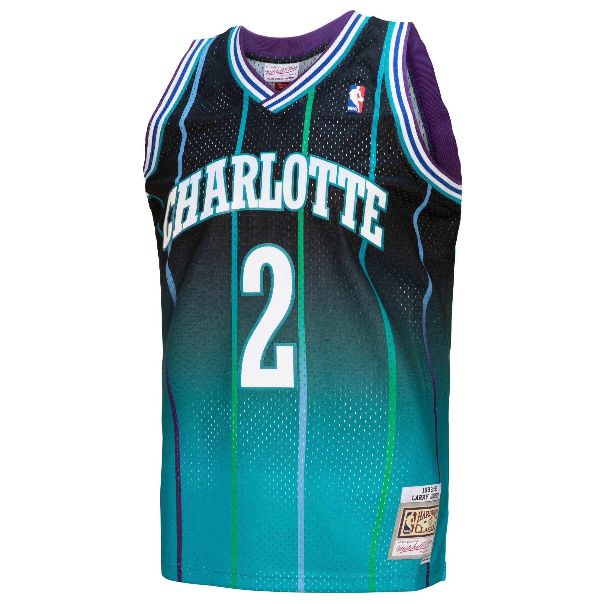 Men's Mitchell & Ness Larry Johnson Teal Black Charlotte Hornets 1992/93 Hardwood Classics Fadeaway Swingman Jersey
