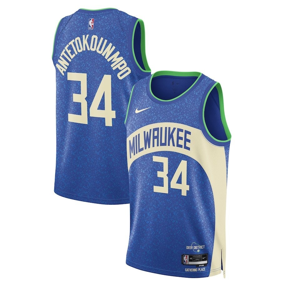 Giannis Antetokounmpo 34 Milwaukee Bucks 2023/24 City Edition Swingman Jersey Unisex Blue