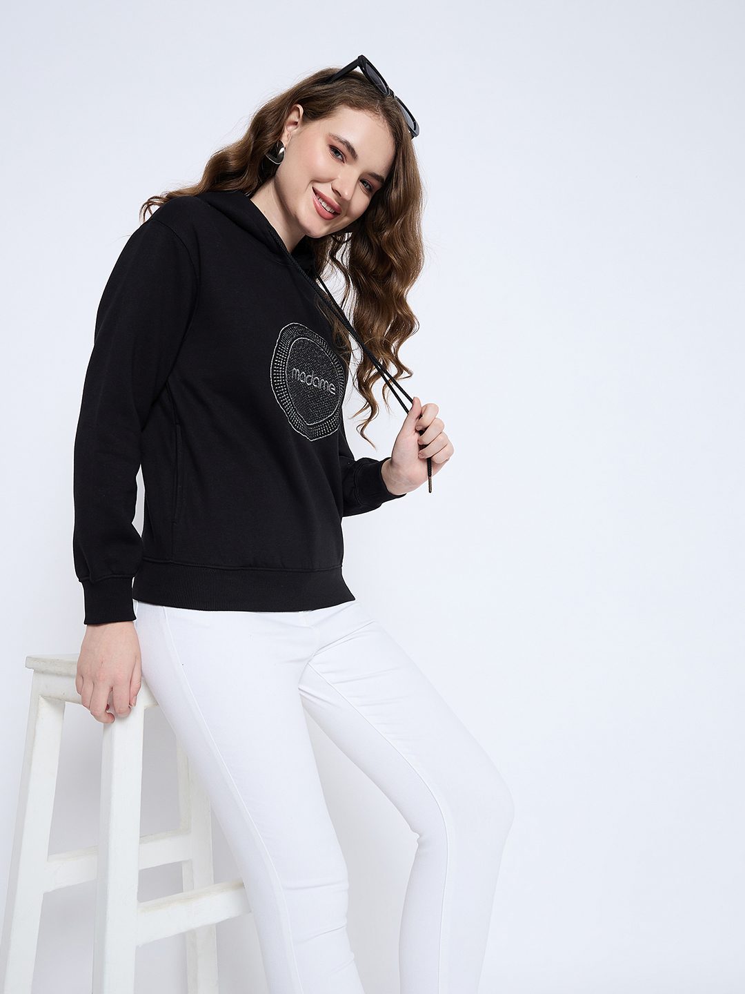 Madame Graphic Print Loose Fit Black Hooded Sweatshirt