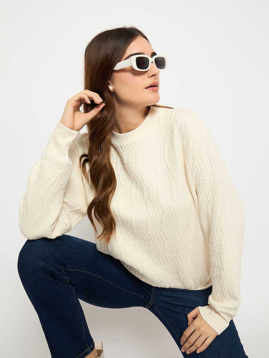 Madame Knitted Self-Textured Off White Sweatshirt