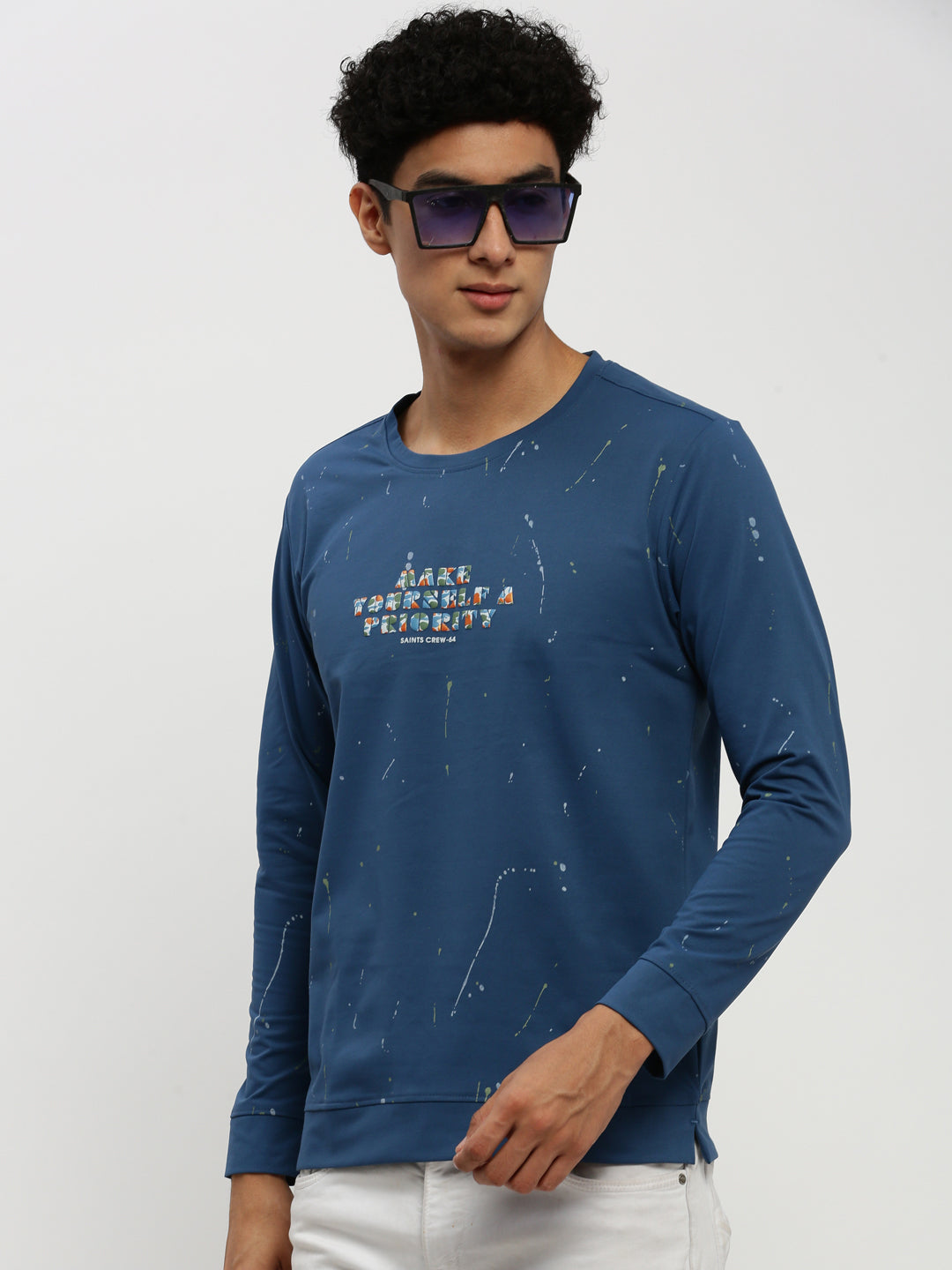 Men's Blue Printed Round Neck Cotton Sweatshirt