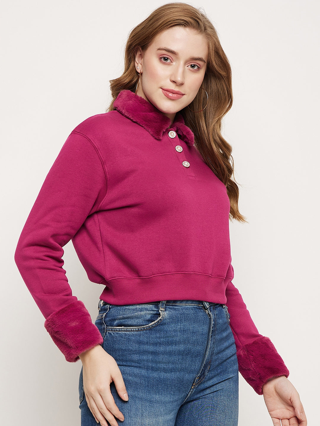 Madame Plum Faux Fur Collared Crop Sweatshirt