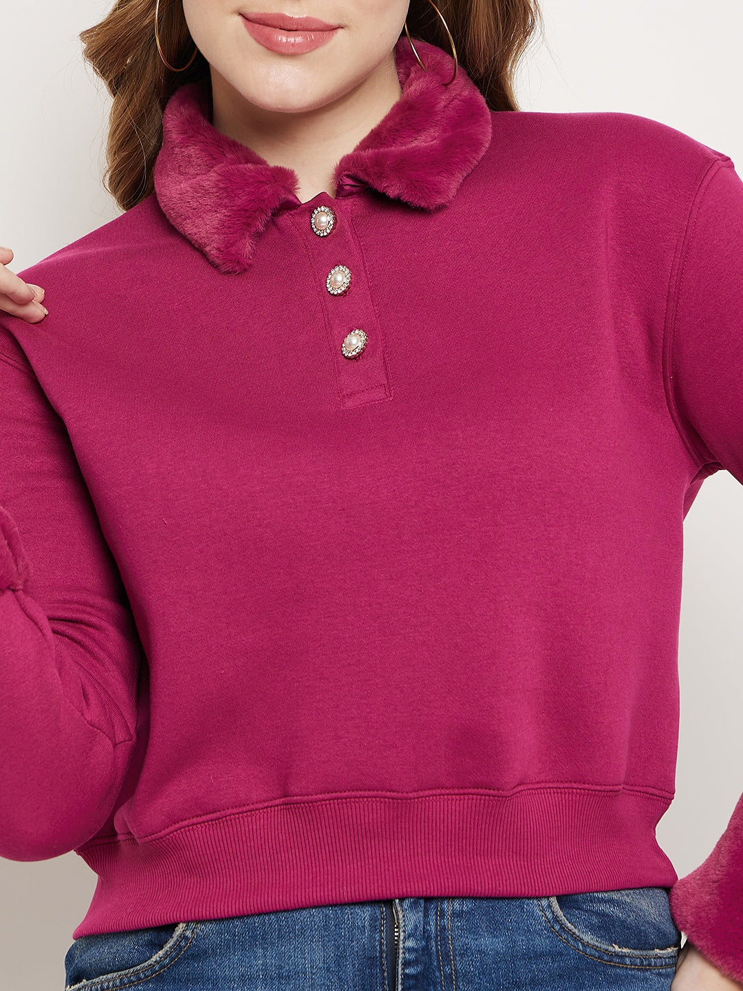 Madame Plum Faux Fur Collared Crop Sweatshirt