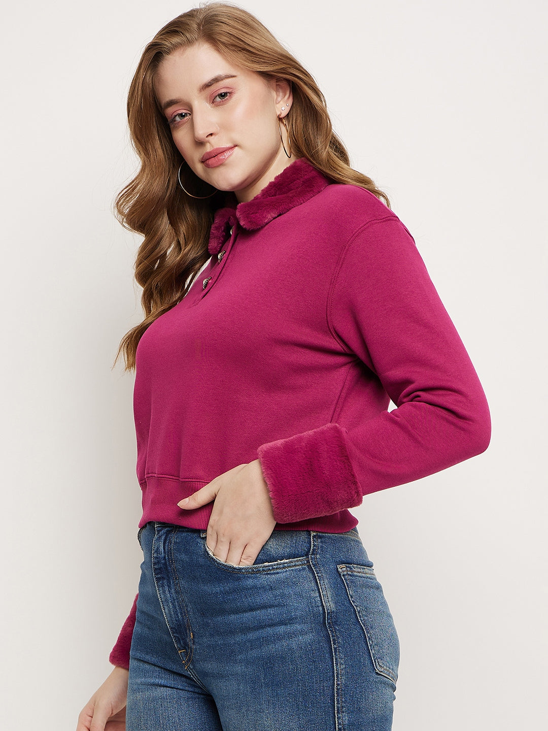 Madame Plum Faux Fur Collared Crop Sweatshirt