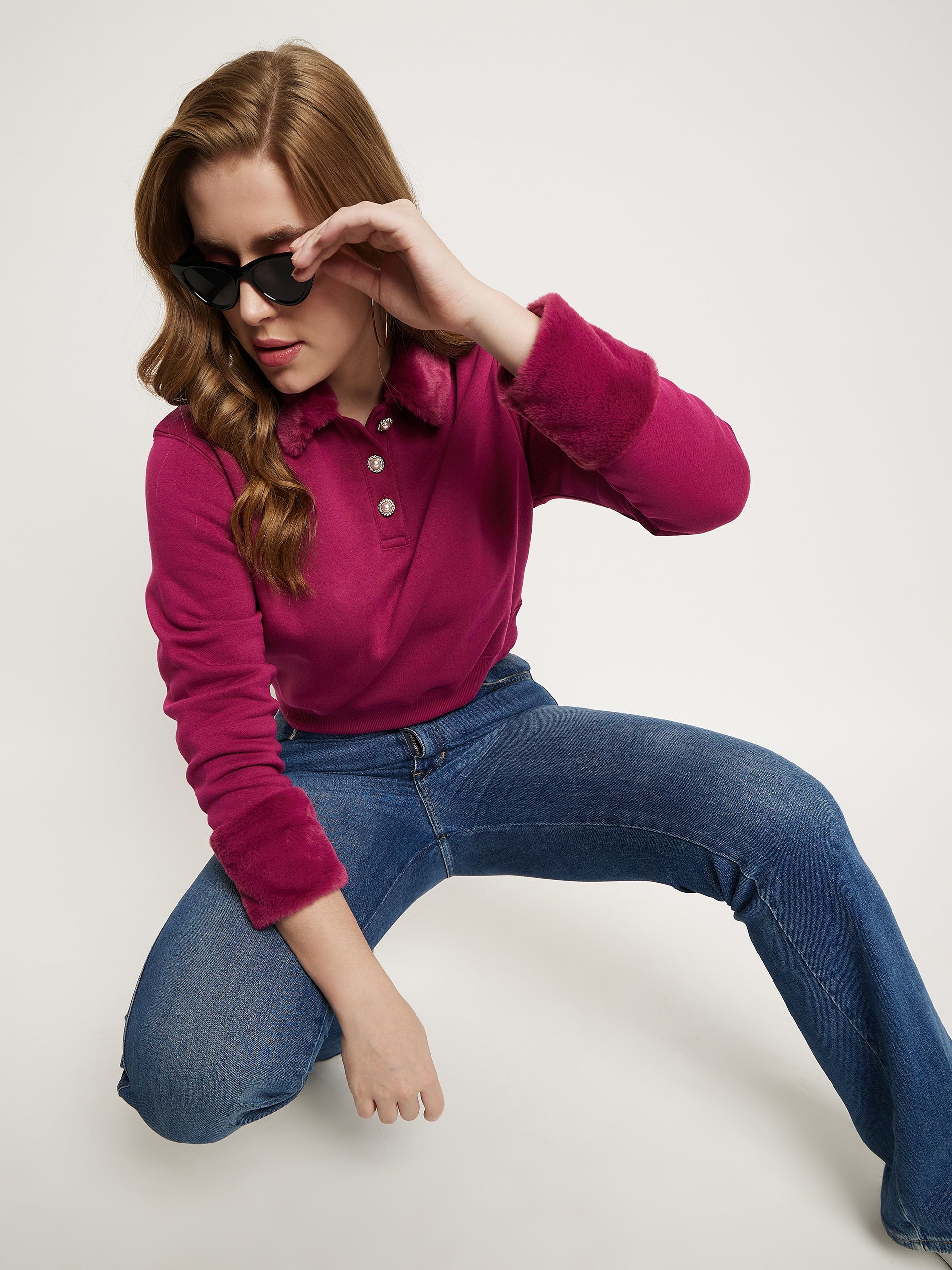 Madame Plum Faux Fur Collared Crop Sweatshirt