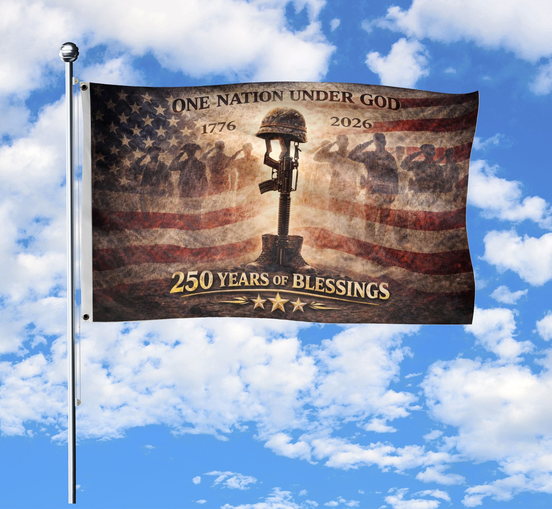 250 Years America Anniversary Military Flag Double Sided House Banner Fallen Soldier Battle Cross 1776-2026
