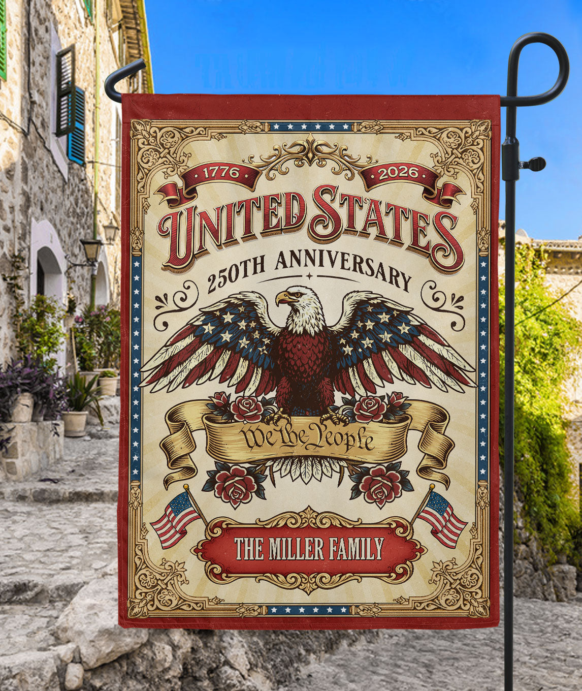 United States 250th Anniversary Custom Garden Flag with Patriotic Eagle and Family Name Personalization