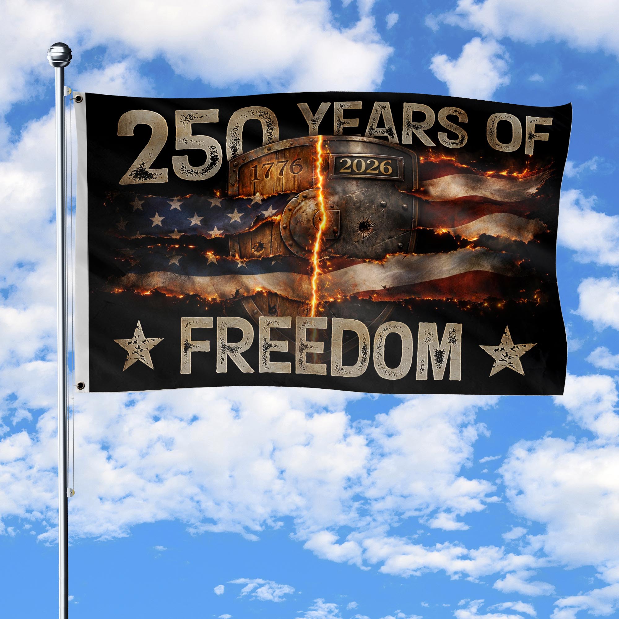 USA 250th Anniversary Flag 1776-2026 Burning Metal Shield Patriotic Design