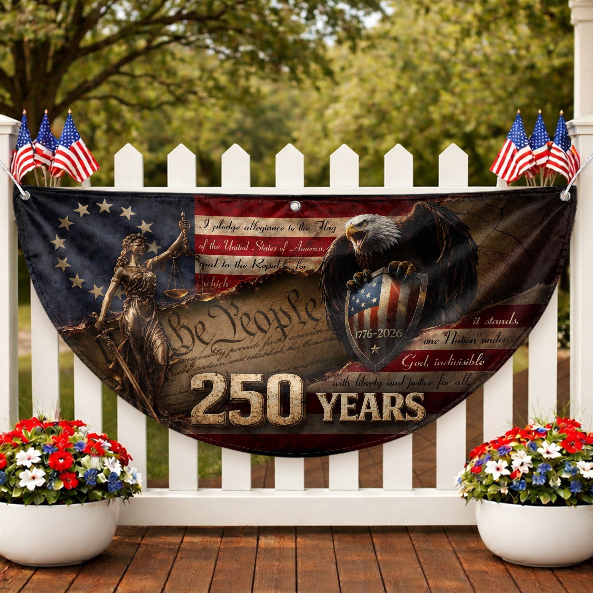 We The People Lady Justice Patriotic Eagle Fence Flag 1776-2026 250 Years